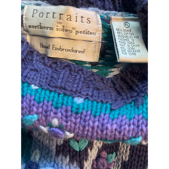 Vintage 80's Sweater Hand Embroidered Portraits by Northern Isles Petite Large - Picture 6 of 6